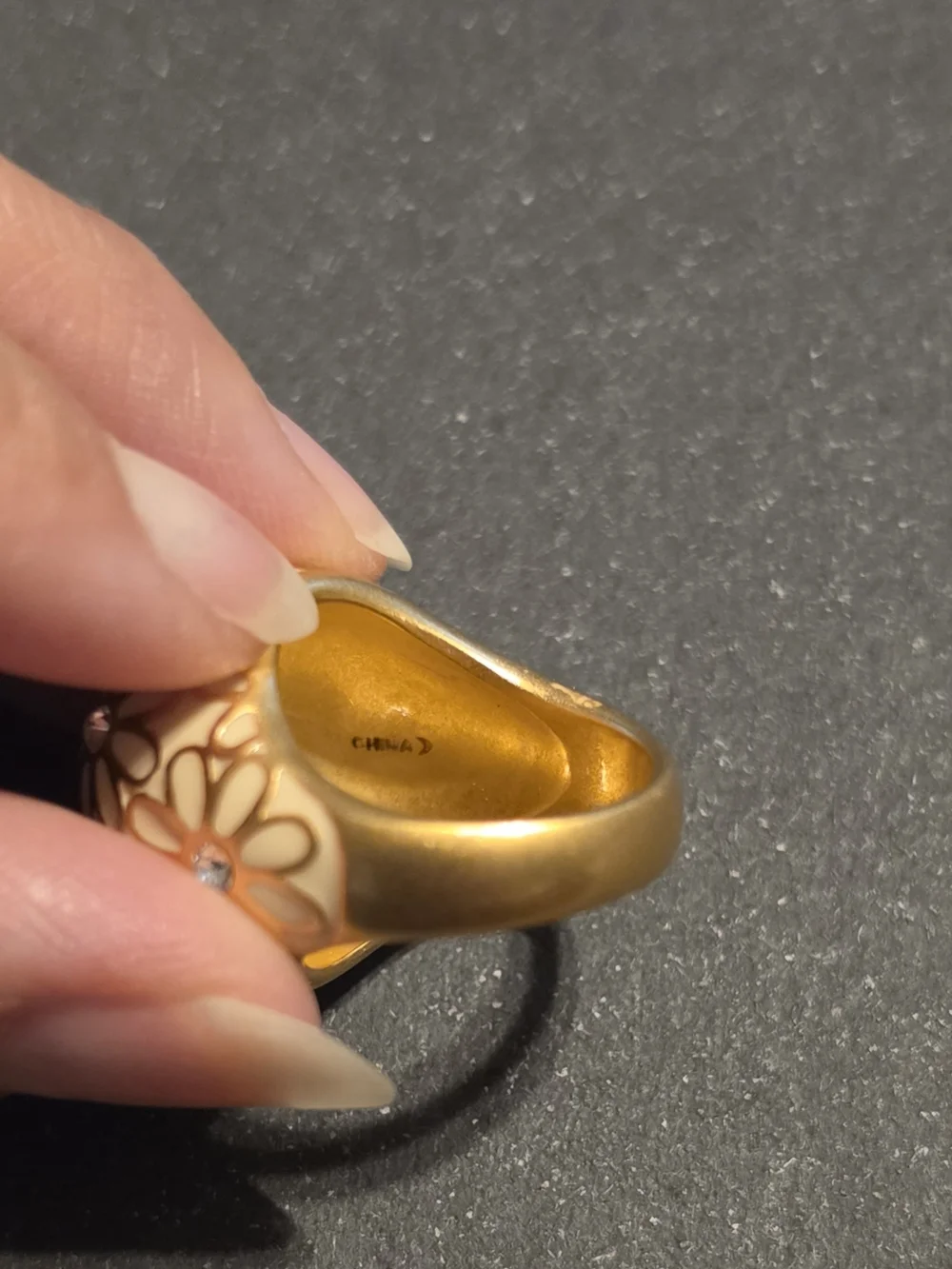 Coach Cream Floral Dome Ring with Gold Accents and Crystal Centers